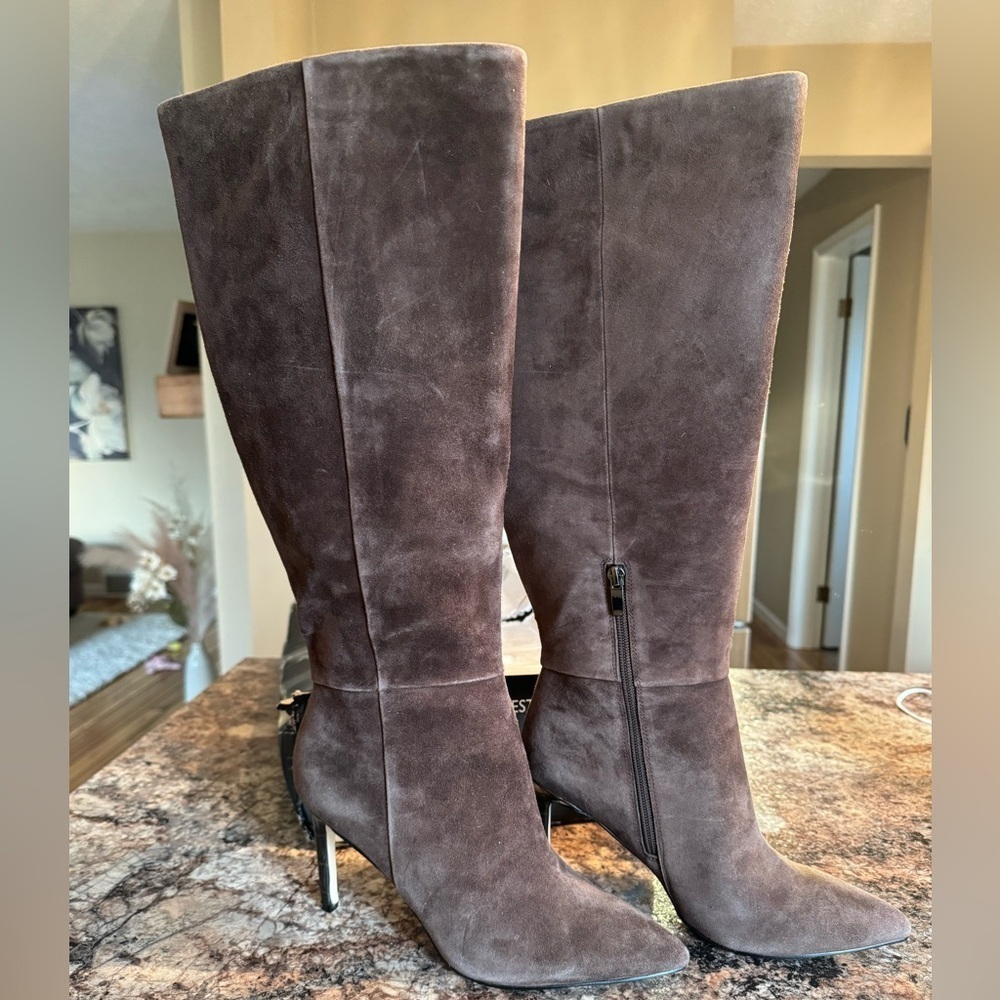 Nine West Taupe Suede Knee-High Heeled Boots - Picture 2 of 6